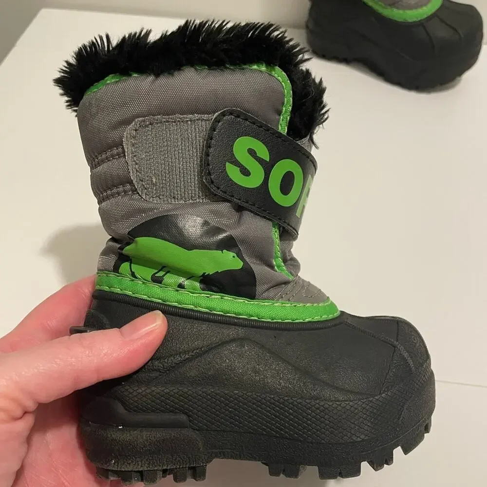 Sorel Brand Kid's Snow Commander Winter Boots Size 5 Lime/ Black Charcoal